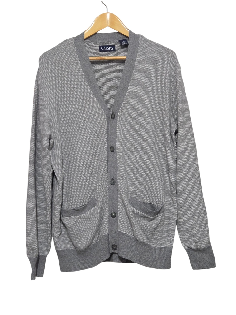 CHAPS Men’s Large Gray Textured Knit Button Front Cardigan Sweater Pockets
